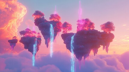 Enchanted Floating Islands: A Dreamlike Sunset Vista