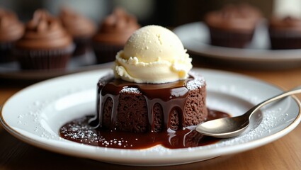 A decadent chocolate lava cake with a gooey center, served warm with a scoop of vanilla ice cream, rich chocolate sauce, and a light dusting of powdered sugar. The ultimate sweet indulgence!
