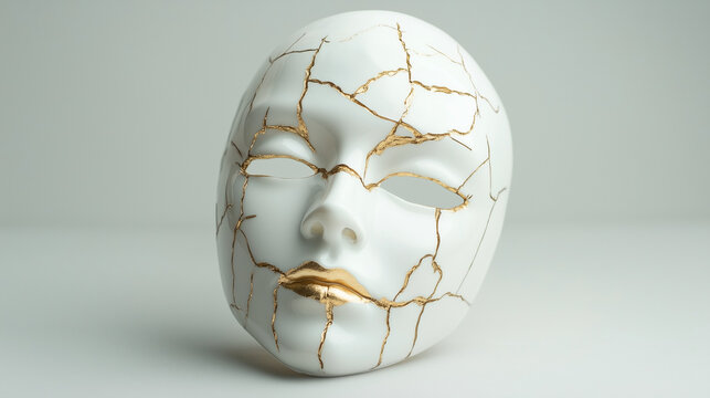Kintsugi Mask: A beautifully crafted mask, symbolizing resilience and embracing imperfections, shows elegant golden lines weaving through its cracked surface