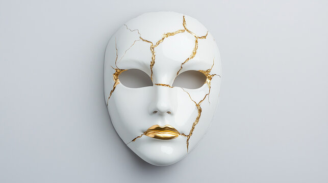 Kintsugi Mask: A close-up shot of a broken porcelain mask, its cracks intricately mended with gold, symbolizing resilience, imperfection, and the beauty of embracing flaws.