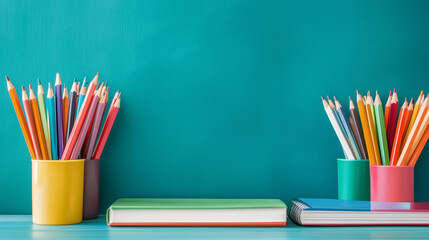 Colorful Pencils and Books: a vivid array of colored pencils arranged in vibrant containers, and books with blank covers against a teal background, offering a visual feast for the eyes.