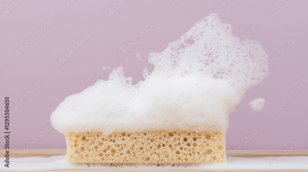 Poster cleansing foam: a close-up view of a sponge, saturated with copious amounts of frothy, bubbling foam