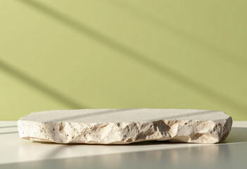 Stone Slab on Olive Green Background, Lighting with Soft Shadows, Chic Stone Pedestal 