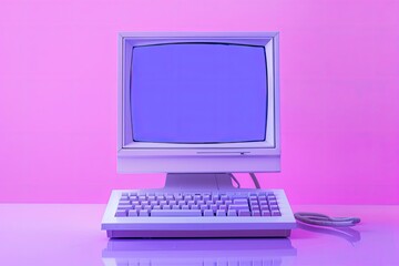 Premium Quality Visual of Retro Computer with Purple Screen on Pink Background