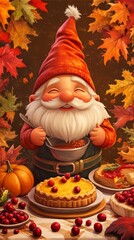 Happy Autumn Gnome Preparing Thanksgiving Feast
