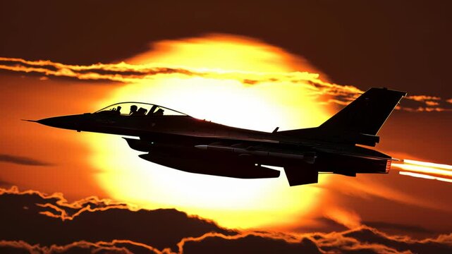 Military jet airplane flying in a dramatic sunset with clouds, featuring the afterburner