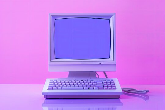 Premium Quality Visual of Retro Computer with Purple Screen on Pink Background
