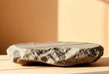 Rustic Stone Display with Geometric Window Shadows, Warm Beige Background, Scene for Skincare or Beauty Products