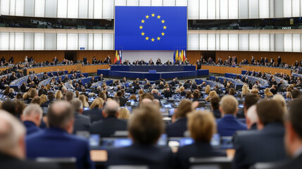 Naklejka premium Assembly of the European Union: Capturing a plenary session in a significant governmental building, the scene is dominated by the distinctive blue background.