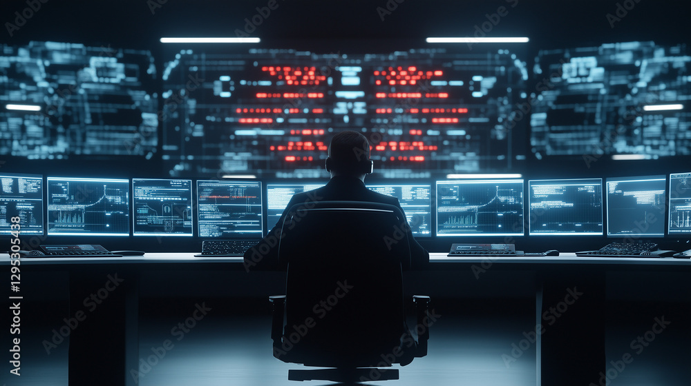 Aufkleber cyber command: a lone figure, silhouetted against a vibrant display of digital interfaces and data s
