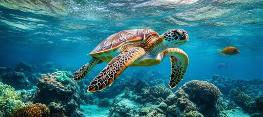 Naklejka premium Turtle at underwater sea. Generative AI technology. 