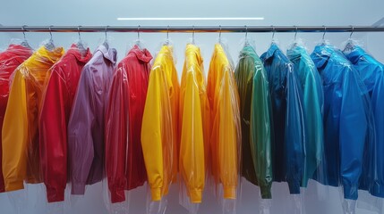 Colorful jackets in plastic bags hang on rack. Ideal for retail, fashion, or clothing store stock photography.