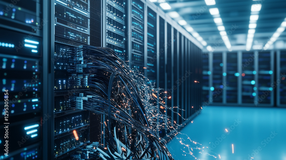 Poster server room: data center cables cascade in a modern server room, representing the backbone of digita