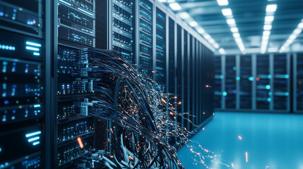 Server Room: Data Center cables cascade in a modern server room, representing the backbone of digital infrastructure, reflecting technological advancements in data processing, storage, and transfer.