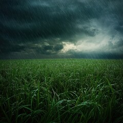Rainstorm over lush green field.
