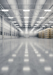 3d rendering of warehouse industry building interior. known as distribution center, retail warehouse. Included cardboard box on shelf, empty space on concrete floor suit for industrial background.