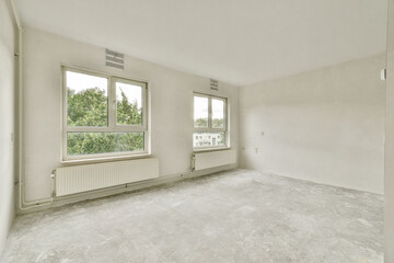 A clean and spacious empty modern apartment interior featuring large windows, allowing natural light, with an unfinished floor and neutral wall color. Perfect for new beginnings.