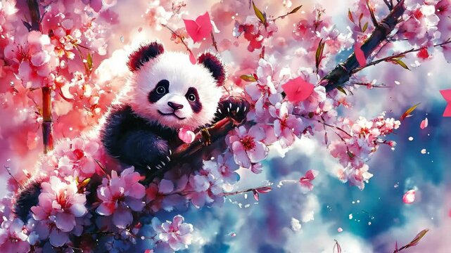 Cute panda relaxing on a cherry blossom branch under a colorful sky in a serene spring setting