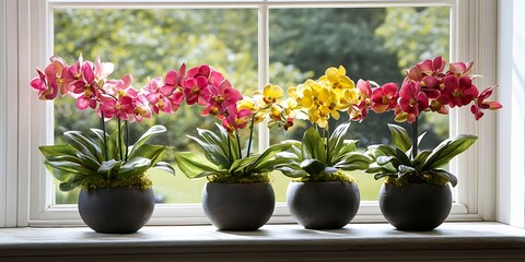 Fototapeta premium a group of colorful flowers in pots