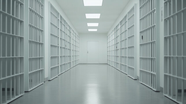 Prison Cell Corridor: The stark perspective of a prison cell corridor, lined with rows of barred cells, evokes feelings of confinement, restriction, and institutionalization.