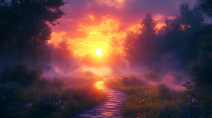 Fototapeta premium Misty Forest Path Sunset Sunrise Birdscape Fantasy