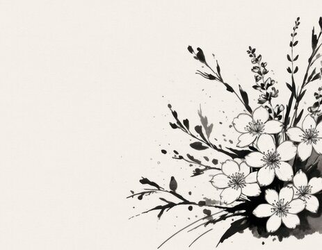 Background for text with blacl and white flowers. 