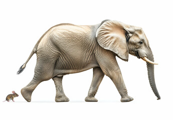 Fototapeta premium A Humorous Depiction of Scale, An African Elephant and Tiny Mouse Walking Together on a Seamless White Backdrop, Representing Power, Size Difference, and Friendship