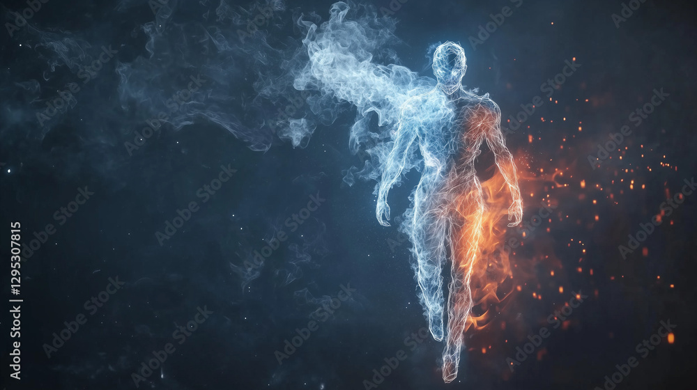 Poster dual elemental being: a mesmerizing image showcasing a being composed of contrasting elements of fir