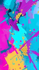 An Abstract Digital Painting, Predominantly Composed Of Vibrant Hues Of Teal, Magenta, And Gold, Layered In A Chaotic Yet Balanced Manner, Creating A Sense Of Energy And Depth, Exhib.