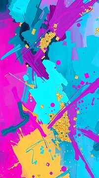 An Abstract Digital Painting, Predominantly Composed Of Vibrant Hues Of Teal, Magenta, And Gold, Layered In A Chaotic Yet Balanced Manner, Creating A Sense Of Energy And Depth, Exhib.