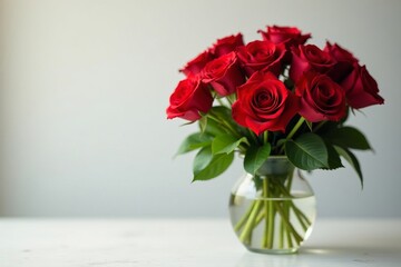Fototapeta premium Elegant arrangement of red roses flowers in a glass vase, roses, nature, flowers