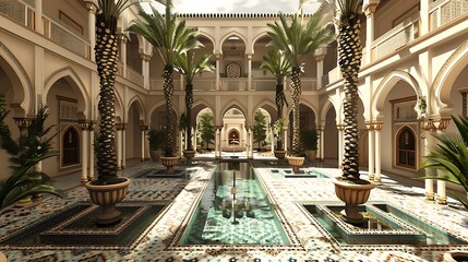 Serene Courtyard with Palm Trees and Reflecting Pool in Ornate Architecture