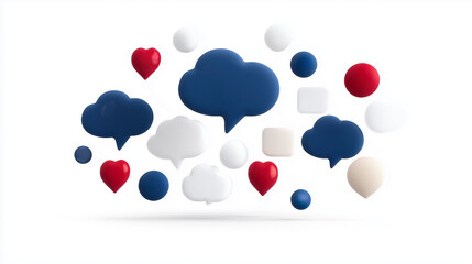 Colorful speech bubbles and hearts in various shapes and sizes create lively and engaging visual. This design symbolizes communication, connection, and expression in vibrant way