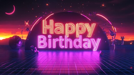 Happy Birthday graffiti in bold, glowing neon letters, surrounded by retro 80s aesthetic elements like grids, stars, and geometric shapes, a gradient purple and orange sunset on the horizon,