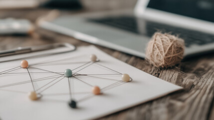creative workspace featuring network diagram with colorful nodes, laptop, and pen, conveying sense of collaboration and innovation