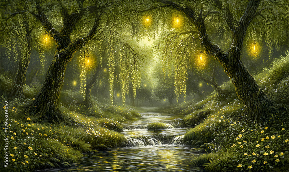 Poster enchanting willow trees illuminated by hanging lanterns line a tranquil stream in a mystical forest.