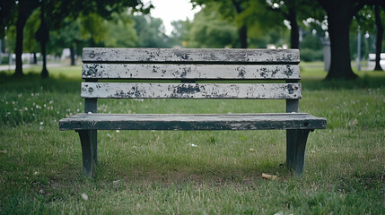 Naklejka premium A serene park scene featuring a rustic wooden bench, evoking tranquility and peaceful relaxation under the shade of lush trees, perfect for contemplation
