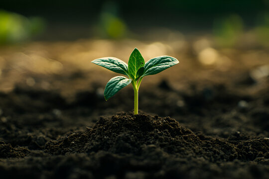 Fototapeta A small sprout emerges from the earth, symbolizing resilience and hope for the future in a garden setting, highlighting themes of growth and potential