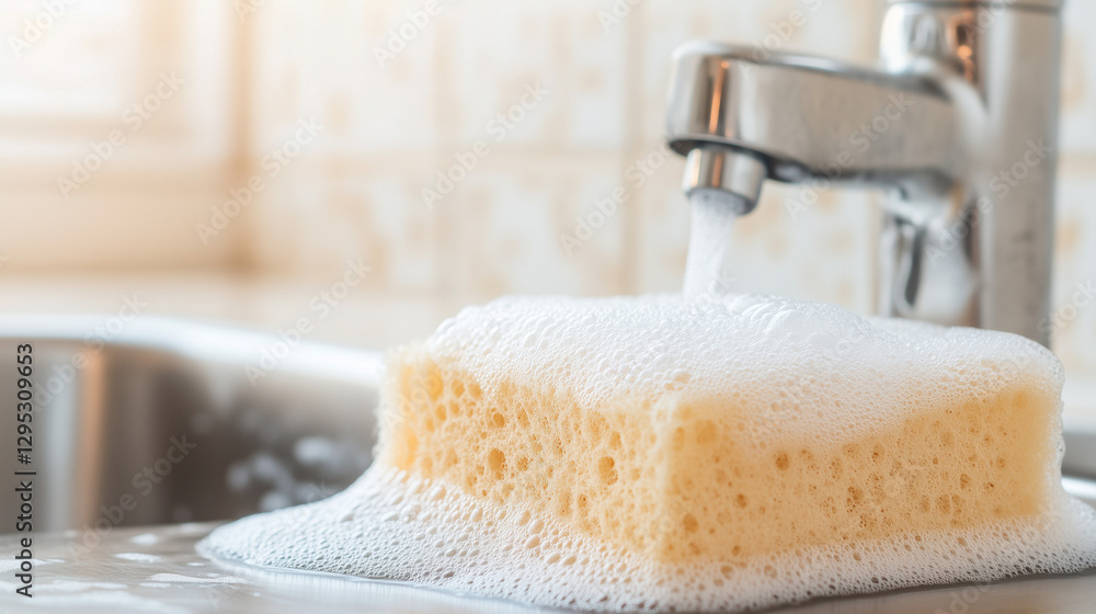 Poster cleaning in progress: a close-up shot of a soapy sponge under a running faucet, depicting cleanlines