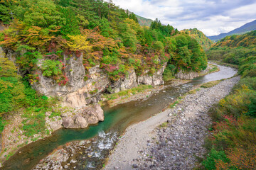 鬼怒川の美しい渓谷風景、清流と紅葉が織りなす絶景スポット
