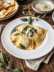 Delicious Plate of Ravioli with Fresh Spinach and Creamy Cheese Sauce Served in Elegant Dining Style