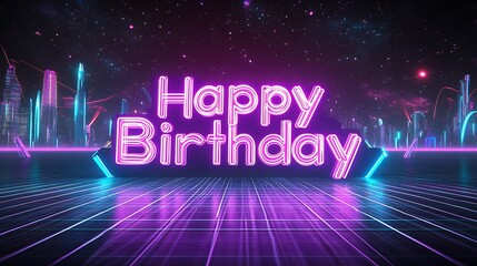 Happy Birthday graffiti in classic 80s style, bright neon lights forming the letters, chrome accents, a grid floor stretching into a cosmic skyline, vibrant purple and teal tones, hd quality.