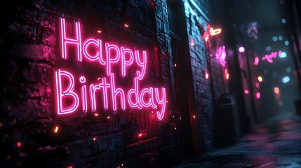 Happy Birthday graffiti in glowing neon pink and orange tones, surrounded by subtle sparkles and soft glowing mist, dark urban alley setting with a grunge wall background, photorealistic detail.