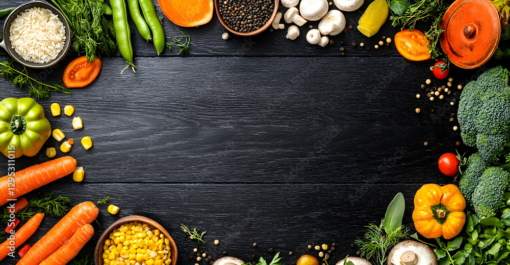 Poster a vibrant array of fresh vegetables and ingredients arranged on a dark wooden surface, creating a vi