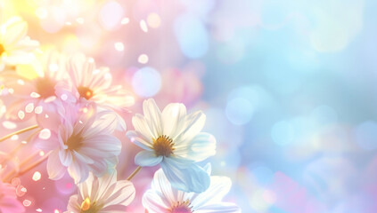 Obraz premium Delicate white daisies with yellow centers against soft pastel background
