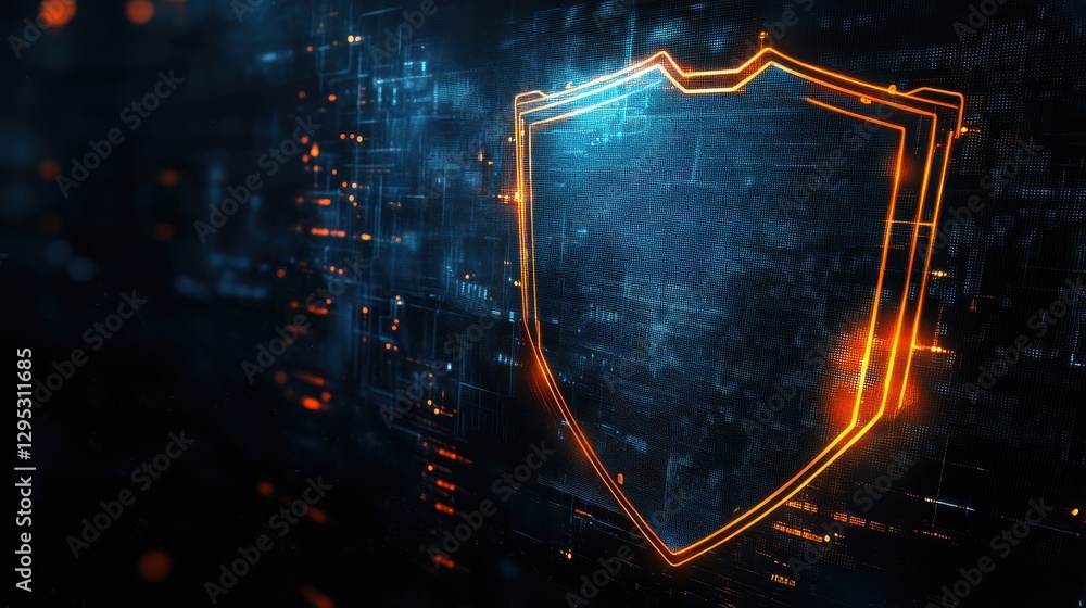 Poster digital shield with neon glow against matrix style background representing cybersecurity and data pr