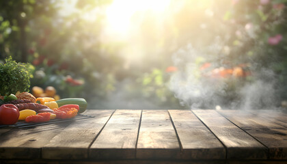 A Vibrant Garden Barbecue Scene with Fresh Vegetables and Sausages on a Rustic Wooden Table, Showcasing a Summer Feast in a Lush Outdoor Setting with Soft Sunlight and Gentle Smoke