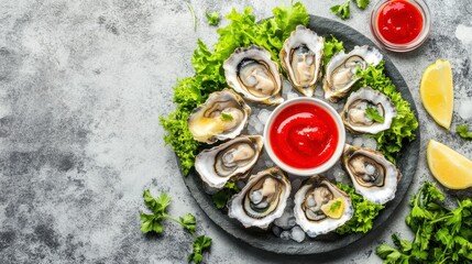 Fresh Oysters Served on Ice with Lemon and Sauce