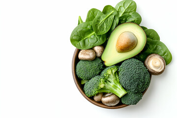 A Vibrant Medley of Healthy Green Vegetables and Avocado in a Wooden Bowl on White Background, Perfect for Promoting Wellness and Nutritious Eating Habits
