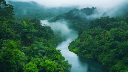waterfall in the fog in the forest